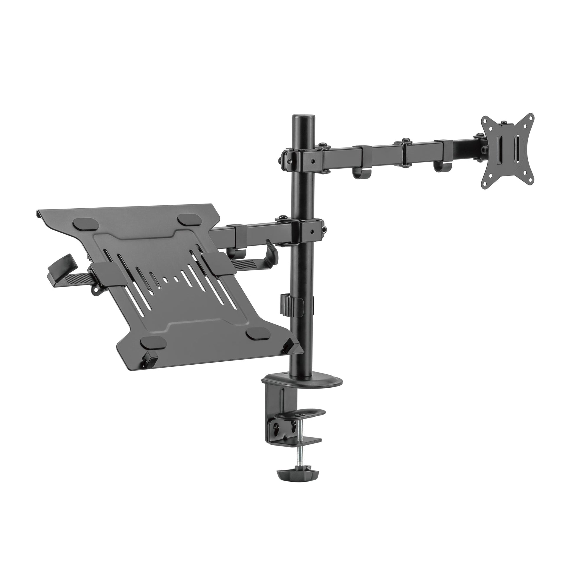 Dual Monitor Arm with a Removable Laptop Mount